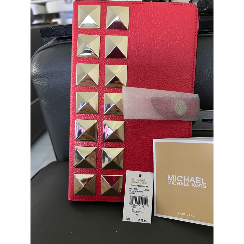 Michael Kors Sangria Red Leather Studded MD‎ Tab Notebook Journal 32H1LTMN8T NEW